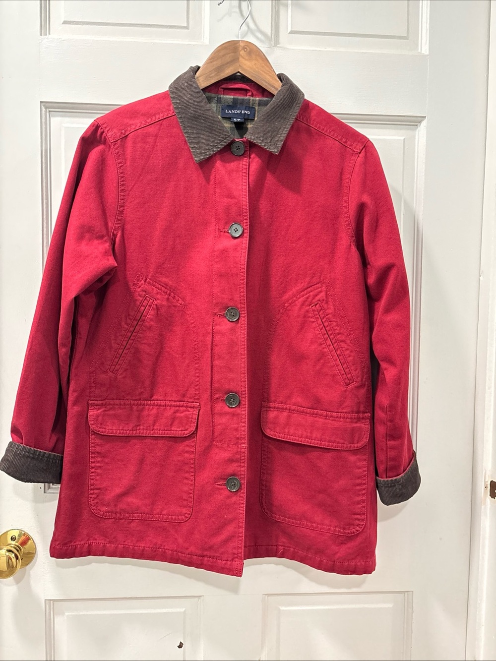 Lands End Women’s Chore Barn Jacket Size Small Deep Red Canvas Corduroy Collar